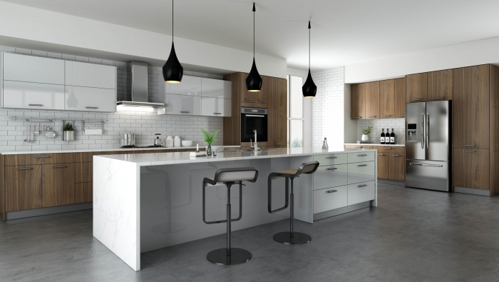 theme is simple and friendly, natural stretch, and far away from the hustle and bustle. The kitchen cabinets are made of brass handles, white shadow wood and dark vertical walnut, and a round bar with veneer parquet. The whole is elegant and natural.